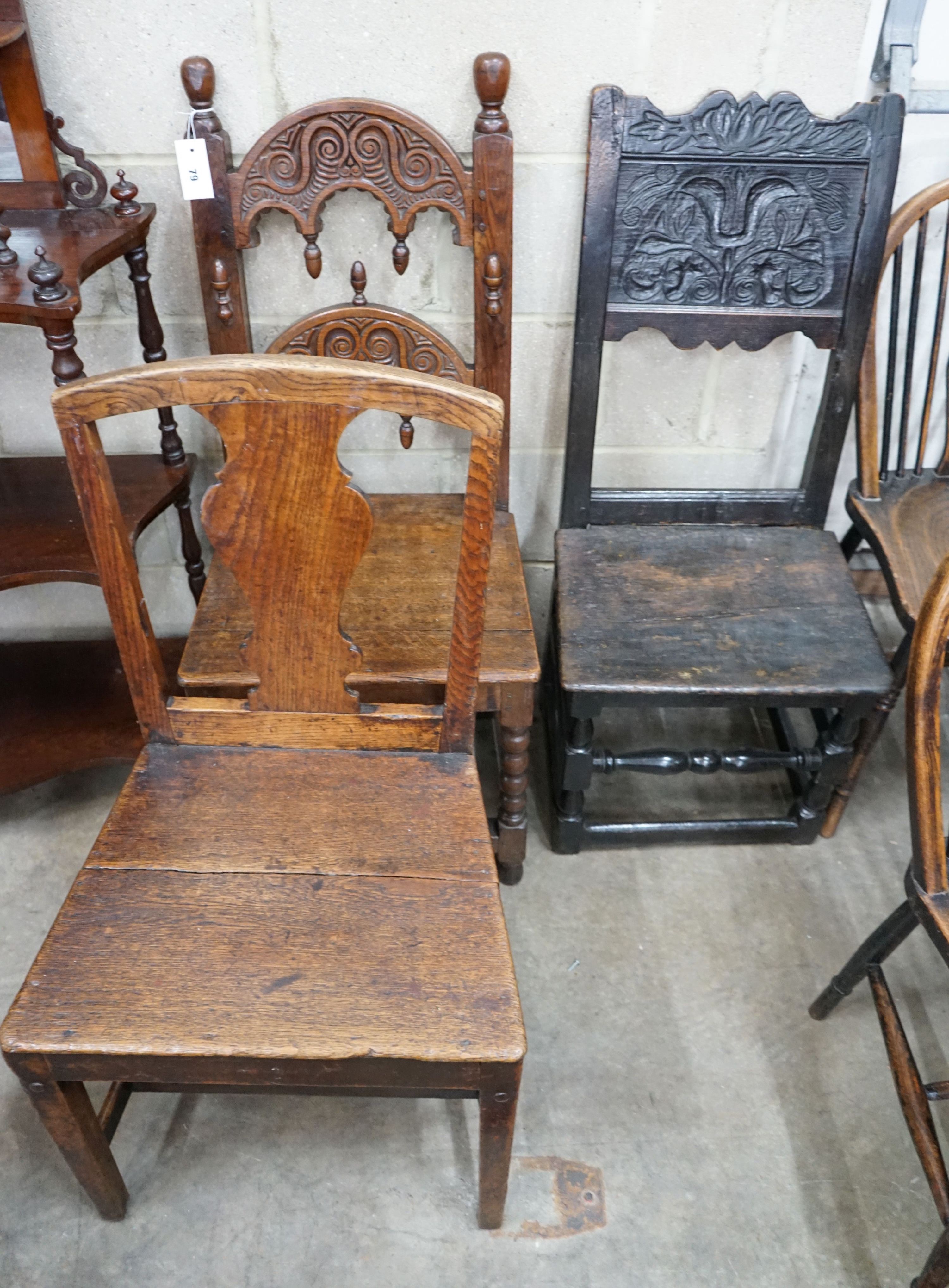 Three 18th century and later provincial wood seat dining chairs